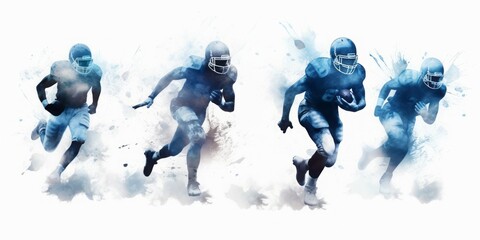 Blue Aquarelle Silhouette of Four Football Players in Action, Crafted with the Style of Digital Airbrushing, Showcasing the Athletic Skill and Sportsmanship of the Game