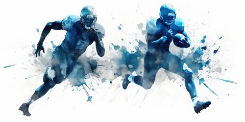 Blue Aquarelle Silhouette of Four Football Players in Action, Crafted with the Style of Digital Airbrushing, Showcasing the Athletic Skill and Sportsmanship of the Game