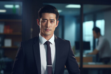 Fototapeta premium Asian man in a suit in the office, business photo. AI generative.