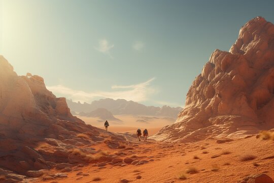 Photograph of people practicing adventure sports in desert landscapes, Generative AI