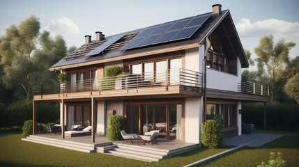 Ein abgelegenes, modernes, gehobenes Einfamilienhaus umgeben von Natur mit großer Fensterfront und einer Solaranlage auf dem Dach