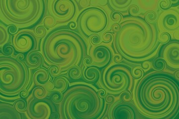 Green background, various shades of green, spiral ornamental decor, spring colour tones