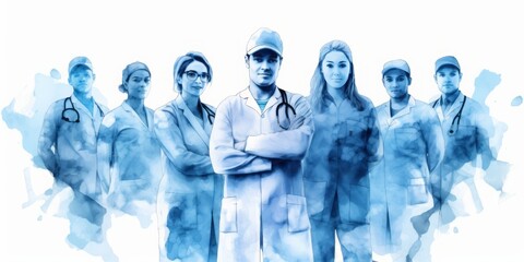Obraz premium Blue Aquarelle Silhouette of Smiling Young Nurse and Doctors with Arms Crossed, Captured with the Style of Digital Airbrushing, Depicting Dedication in Intensive Care Unit
