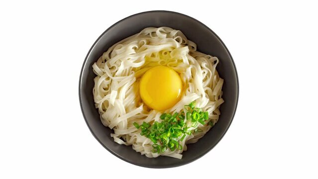 Warm udon noodles with egg and chopped green onion, japanese ingredients, rotating on white background, turning, top view
