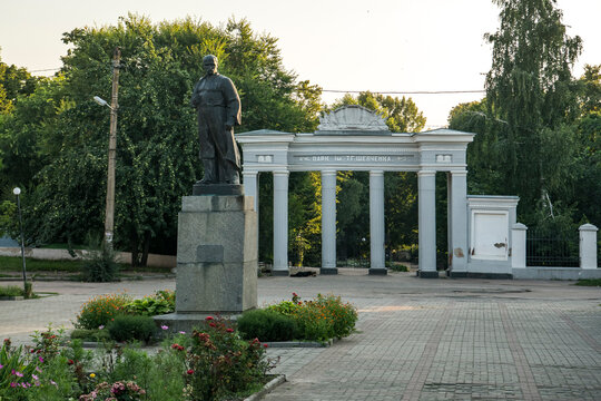 Monument to Taras Shevchenko at the entrance to the park in Berdychiv, Ukraine, July 2023