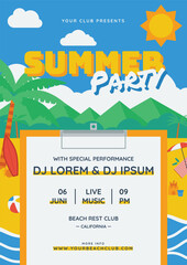 summer party flat design flyer with colorful retro vibes for outdoor live music events under blue sky and sunny day in the beach