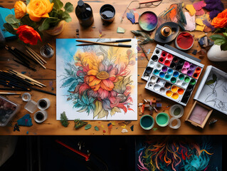 Creative Artistic Workspace - Top View of Designer's Desk with Colorful Tools and Sketches