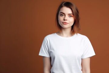 beautiful young european ginger woman with short hair in a white blank t-shirt on a brown background