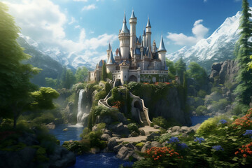 Enchanting fairytale castle amidst lush forests, a dreamy escape to another era.