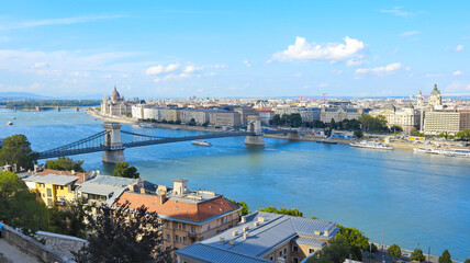 Panorama city with House of Parliament of Hungary and Szechenyi chain bridge in sunny day in Budapest, Hungary