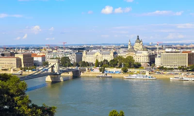 Foto auf Acrylglas Kettenbrücke Panorama city with Szechenyi chain bridge in sunny day in Budapest, Hungary