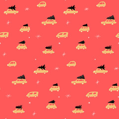 Christmas wrapping paper pattern, christmas tree delivery on car roof. Holidays trafic jam seamless vector background, gold cars on red background