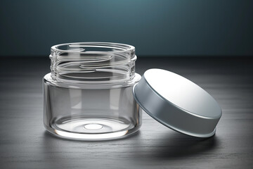 Opened transparent glass cosmetic jar with silver lid for cream or gel packaging, created with Generative AI