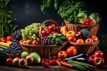 Fresh fruits and vegetables in basket.
