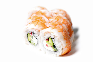 Rolls with sauce. Delicious Asian food, rolls, sushi. Isolated on white background. Culinary dish for restaurant menu