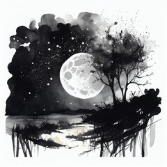 moon, moon and stars, black and white photography, generated by ai