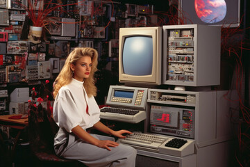 Fototapeta na wymiar Colorful image of vintage retrowave style computer monitor and keyboard advertising with retro woman model. Concept of retro pop art. Collage style.
