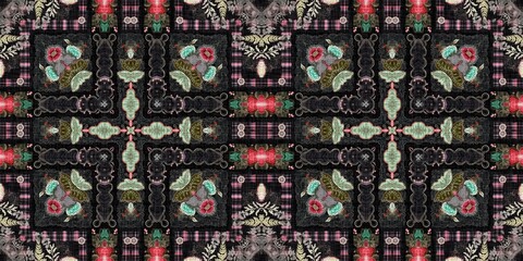 Boho folkloric flower banner with a gypsy retro style. Repeatable vintage cloth effect border in black and red gothic fashion colors.