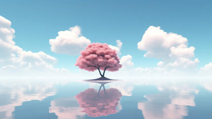 A vibrant pink tree standing in the middle of a serene water landscape