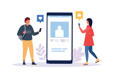 Social media marketing. Digital smartphone with virtual profile, man and woman followers clicking likes for selfie