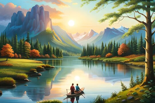 A captivating mountain landscape embraces a meandering river, painting a picture of tranquility and beauty.AI generated