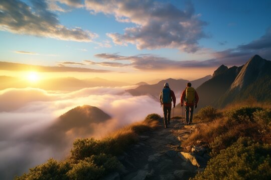 Photography of people hiking in mountains with stunning views at dawn, Generative AI