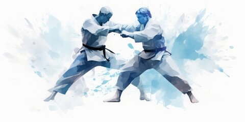 Blue Aquarelle Silhouette of Judo Fighters in Action, Crafted with the Style of Digital Airbrushing, Embracing the Athletic Excellence of Olympic and Karate Competitions