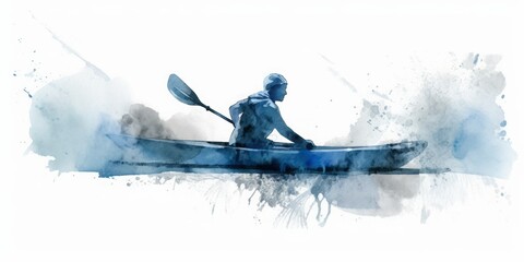 Blue Aquarelle Silhouette of Canoeist in Wildwater Action, Crafted with the Style of Digital Airbrushing, Celebrating Olympic Athletes in Exhilarating Canoeing Races