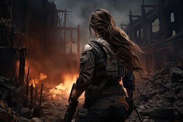 War Concept. Military woman in the ruins of a destroyed building. A military woman with an assault rifle standing in front of a broken building on a battlefield, full rear view, AI Generated