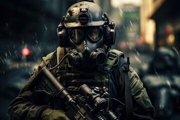 Fototapeta na wymiar Portrait of a special forces soldier in a gas mask and with a gun in the rain, A Modern elite soldier fully geared up with special equipment, face covered with a gas mask, AI Generated