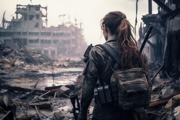 A girl in a military uniform stands in front of the destroyed building. A military woman with an assault rifle standing in front of a broken building on a battlefield, full rear view, AI Generated
