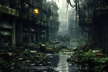 Obraz na płótnie Canvas Fantasy landscape with a small river in the jungle. 3d rendering, A postapocalyptic city gloomy overgrown buildings, AI Generated