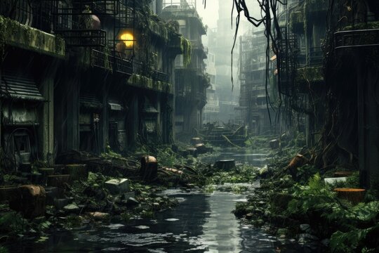 Fantasy landscape with a small river in the jungle. 3d rendering, A postapocalyptic city gloomy overgrown buildings, AI Generated