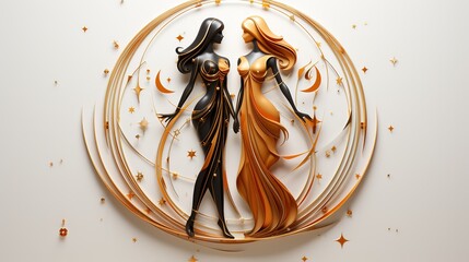 Astrological sign of the horoscope Twins in a golden minimalist style on a white background. Generative AI