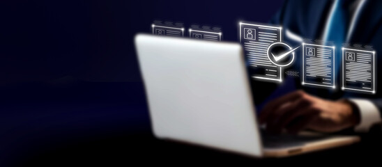 Business performance checklist, businessman using laptop doing online checklist survey, filling out digital form checklist, take an assessment, questionnaire, evaluation, online survey, online exam