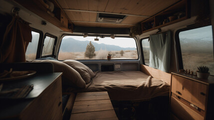 Cozy interior of a camping Van. Vanlife and Camping