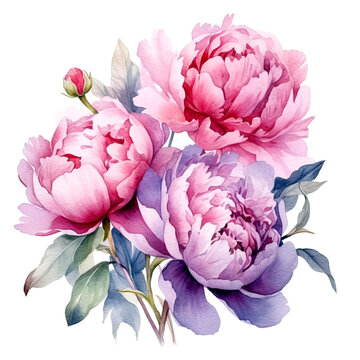 Watercolor floral bouquet spring flowers. Pink peones botanical illustration