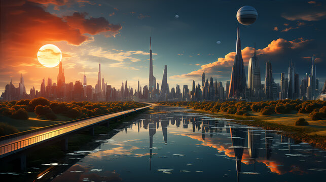 Futuristic 3D rendering of a cityscape with customizable copy space; great for technology and urban-themed projects
