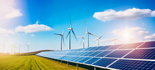 Rows of solar panels and wind turbines on green landscape - hybrid renewable energy generation concept. Generative AI