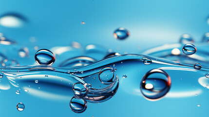 Water and bubbles backdrop. Serum gel on blue background. Cosmetic transparent gel serum texture. Advertising cosmetology concept.