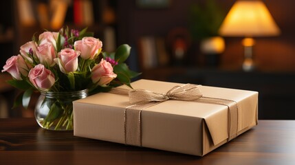 Elegantly wrapped gift box with kraft paper bow and flowers on the table. Generative AI
