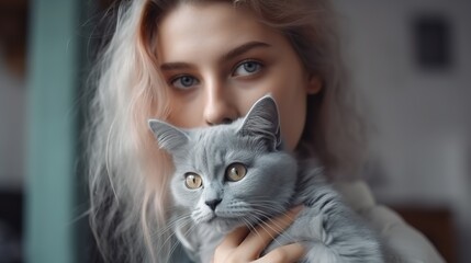 Attractive curly blonde with blue eyes petting a fluffy gray cat