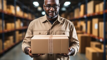 Man postal worker collects parcels for delivery. Generative AI