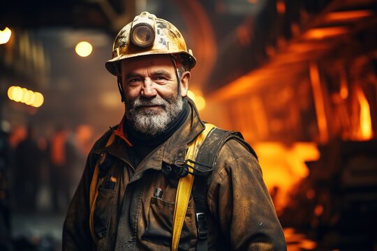 Portrait of a middle aged miner on a working mine background