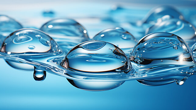 Water and bubbles backdrop. Serum gel on blue background. Cosmetic transparent gel serum texture. Advertising cosmetology concept.