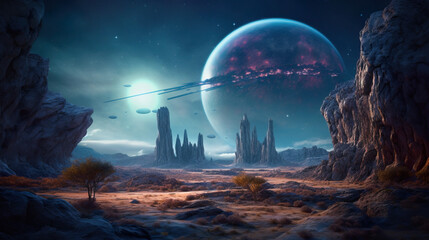 Stunning Night extraterrestrial scene. Huge mountains against Starry sky and planets. Fantasy landscape. Alien planet. Sci-fi wallpaper. Fantastic illustration.