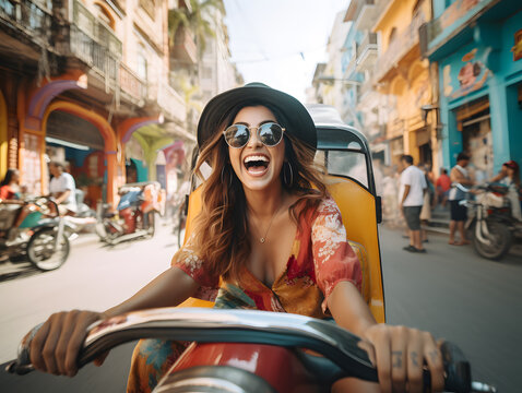 Exploring Exotic Destinations - Smiling Woman Riding a Colorful Tuk-Tuk Through the Vibrant Streets of an Asian City