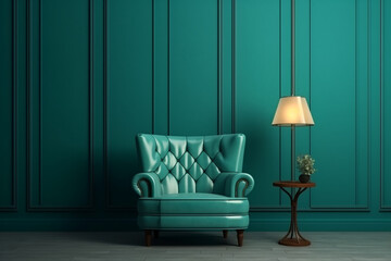 Beautiful luxury classic blue green clean interior room in classic style with green soft armchair. Vintage antique blue-green chair standing beside emerald wall. Minimalist home design. High quality