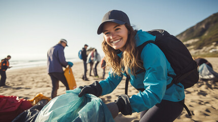 female volunteer smiling looking at a camera picking up a plastic litter on a beach - obrazy, fototapety, plakaty