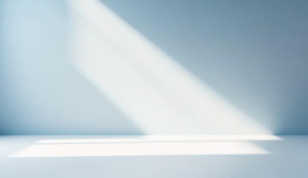 minimalistic abstract light blue background with shadow and light from windows, product presentation concept
